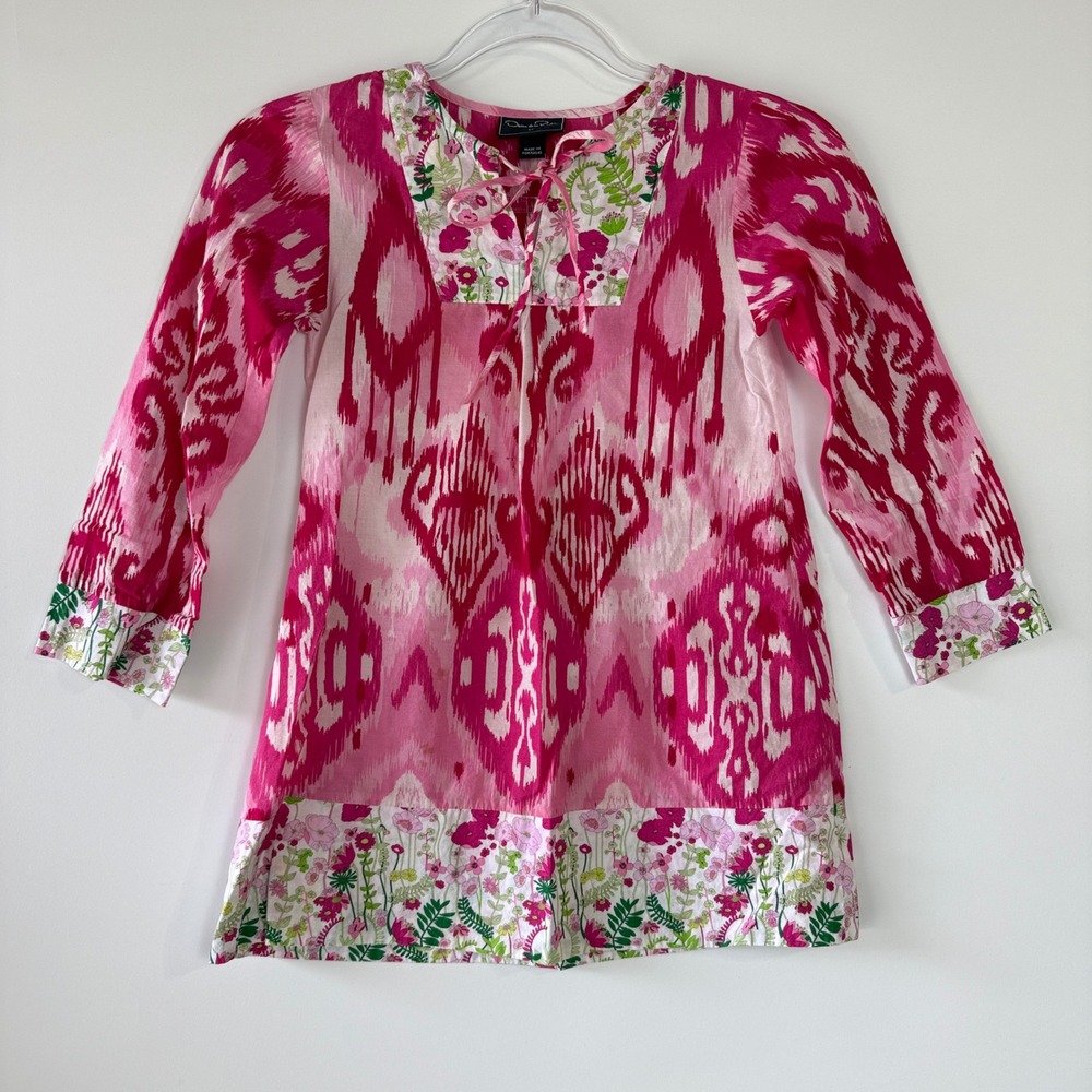 Oscar‎ de la Renta Tunic Top Kids 8Y Pink Ikat Floral Cotton Boho Split Neck